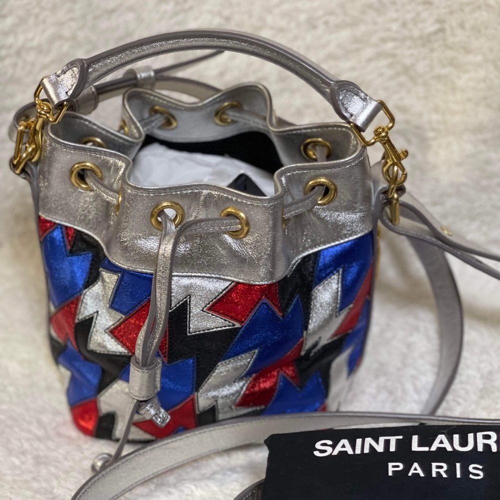 YSL SAINT LAURENT PARIS SILVER-RED-BLUE METALLIC LEATHER EMMANUELLE BUCKET BAG